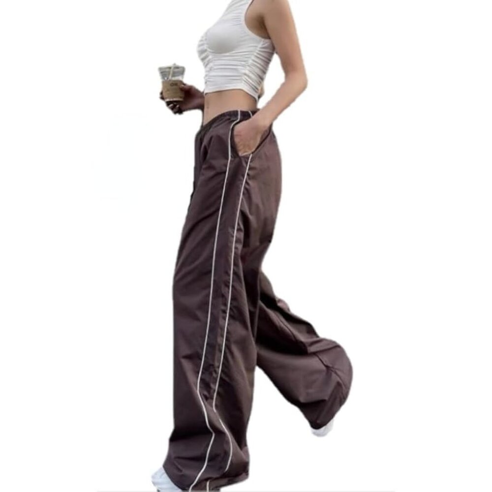 Womens Baggy Y2K Parachute Brown Pants High Waisted Lightweight Streetwear